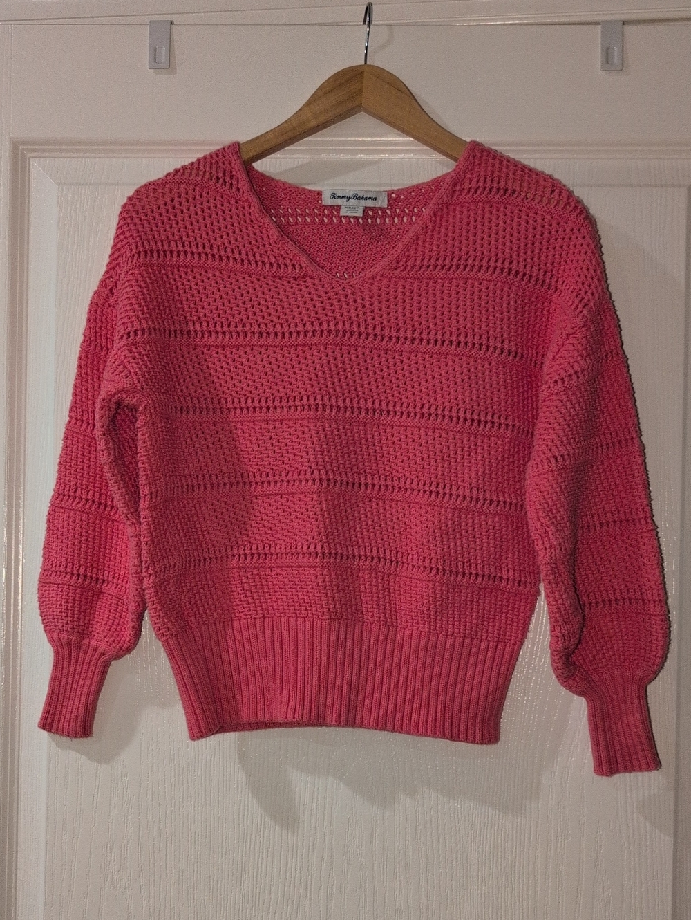 Tommy Bahama Coral-Pink Open-Knit V-Neck Sweater XS